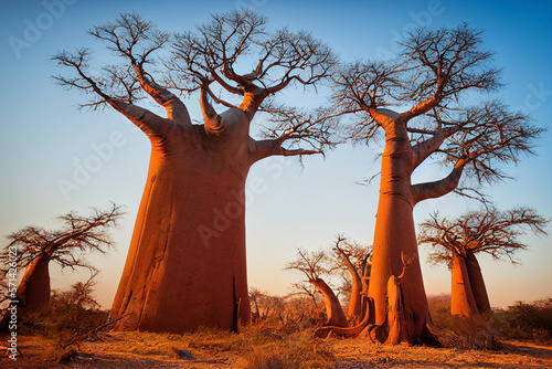 African baobabs in the savannah at sunrise, generative AI