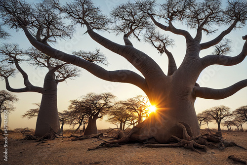 Fototapeta African baobabs in the savannah at sunrise, generative AI