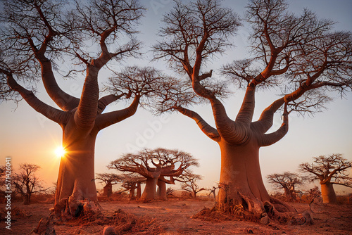 African baobabs in the savannah at sunrise, generative AI