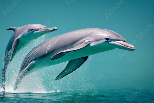 two dolphins jump over ocean waves  generative AI