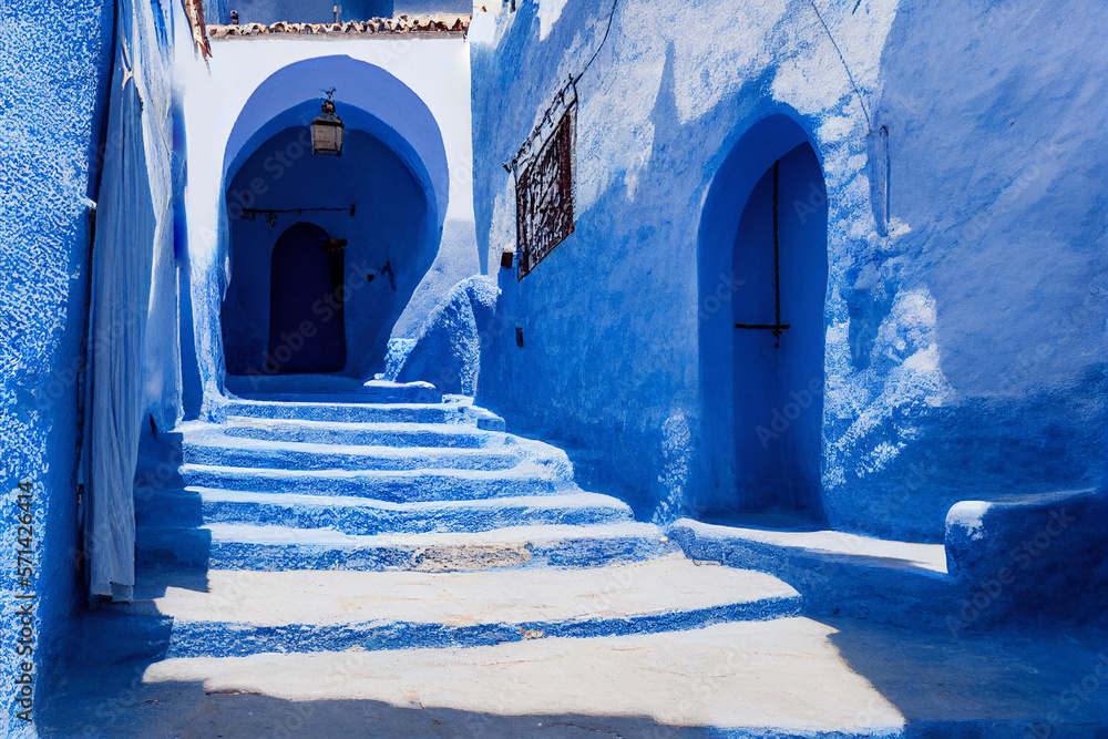 Chefchaouen the blue city in Morocco with blue buildings and blue stairs, generative AI