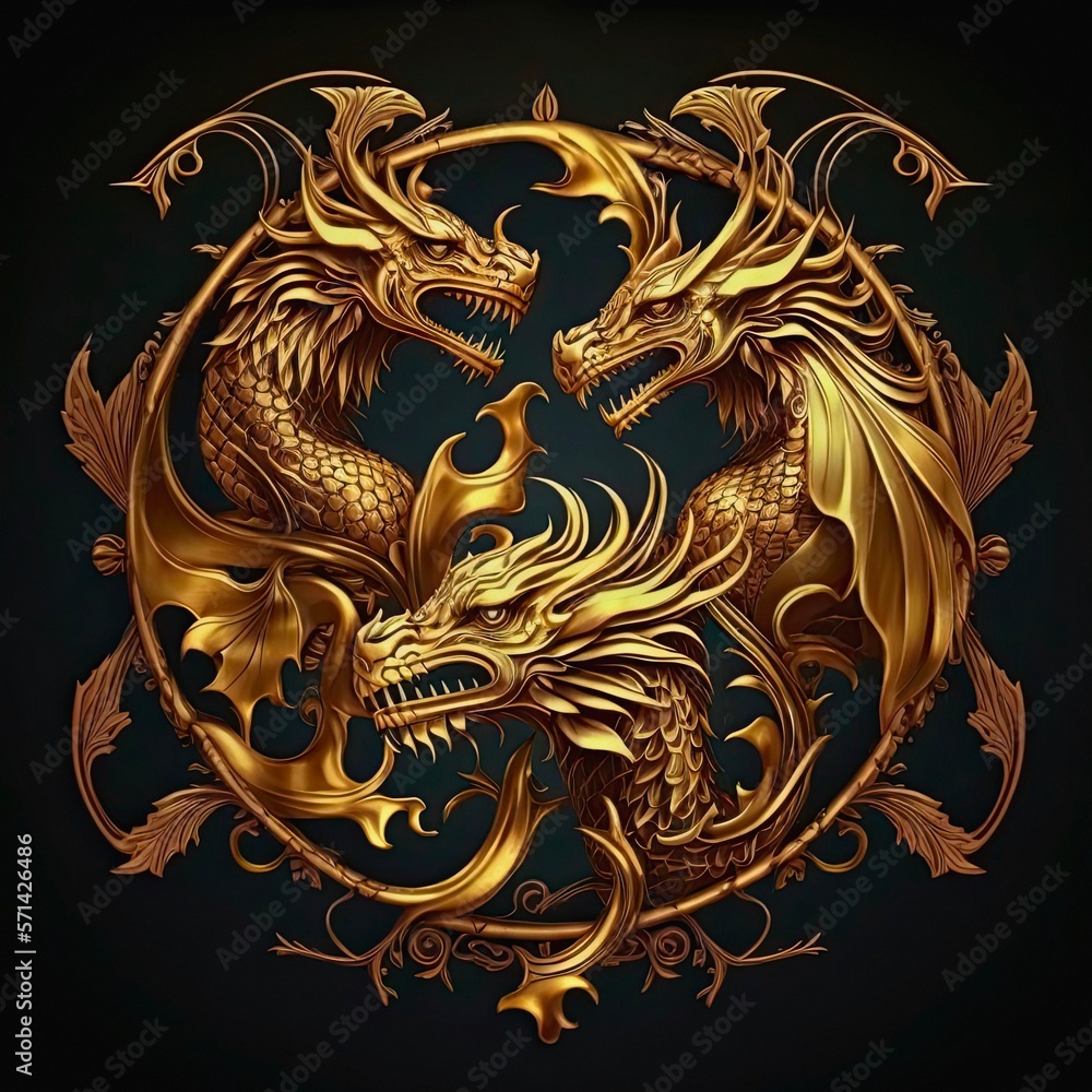 Golden dragons as emblem of the house Targaryen. Poster of the golden dragon for the series House of the Dragon - prequel Game of Thrones.