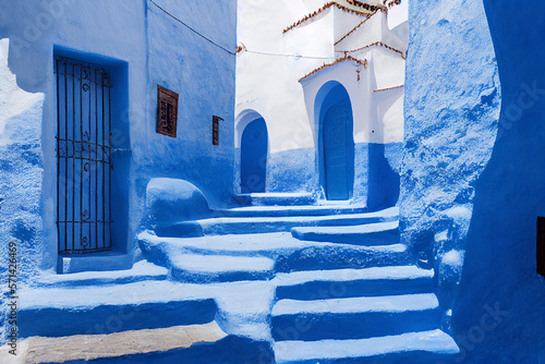Chefchaouen the blue city in Morocco with blue buildings and blue stairs, generative AI © Paulina