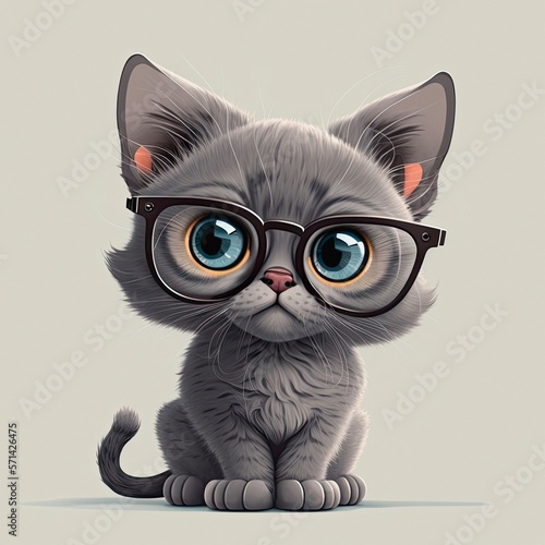 Adorable nice gray kitten with glasses, cartoon character, digital art. Cute little cat with gray fur and big blue eyes.