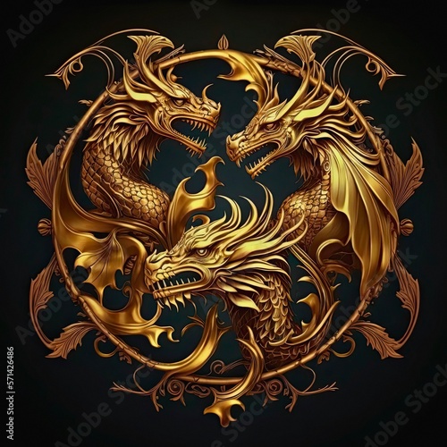 Golden dragons as emblem of the house Targaryen. Poster of the golden dragon for the series House of the Dragon - prequel Game of Thrones.