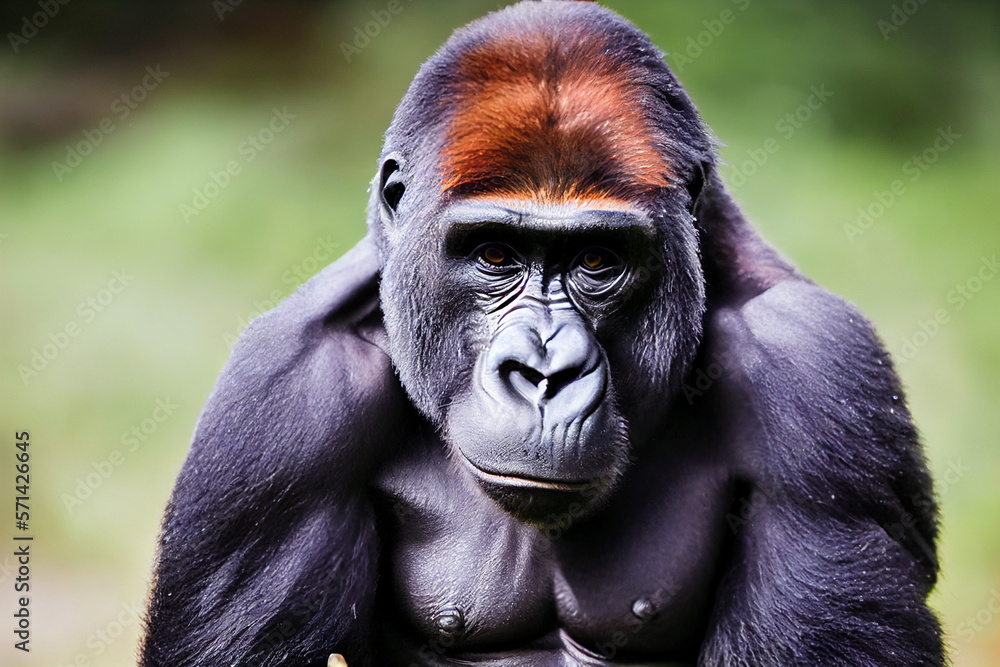 Obraz premium portrait of a gorilla against the background of green nature, generative AI