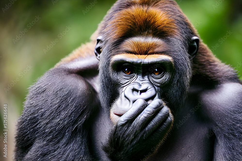Obraz premium gorilla picking his nose in the jungle, generative AI