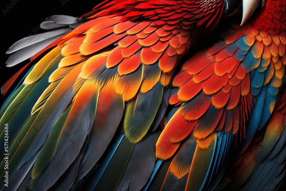 Fototapeta premium Feathers of a scarlet macaw bird, up close. Generative AI