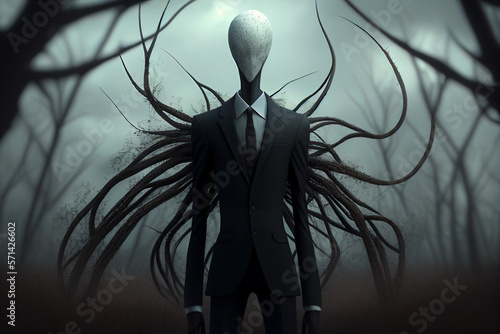 Slender Man in a suit in a dark foggy forest, generative AI