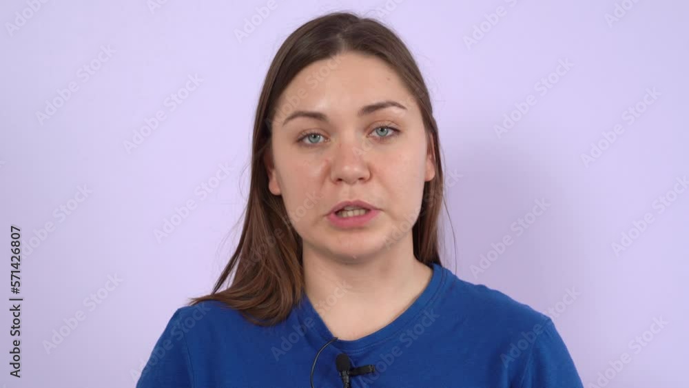 Self-presentation at job interview woman confidently speaking to camera. Head businesswoman address team motivational clear speech. Blogger emotionally broadcasts live defends her position convinces Self-presentation at job interview woman confidently speaking to camera. Head businesswoman address team motivational clear speech. Blogger emotionally broadcasts live defends her position convinces