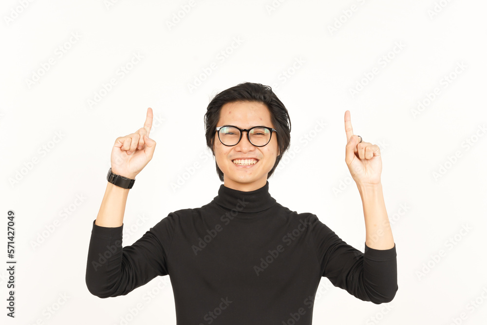 Showing Product and Pointing Up Of Handsome Asian Man Isolated On White Background Showing Product and Pointing Up Of Handsome Asian Man Isolated On White Background