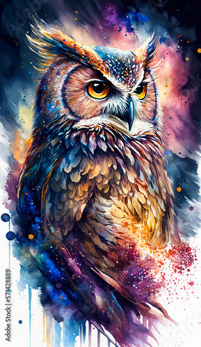 A beautiful and surrealistic watercolor illustration of a superb owl. Generative AI © nadunprabodana