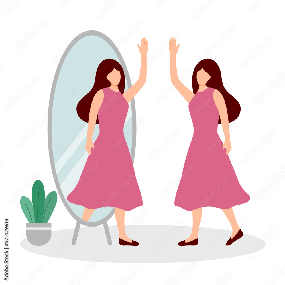 Get to know yourself better concept vector illustration. Woman greeting herself in the mirror in flat design on white background. Get to know yourself better concept vector illustration. Woman greeting herself in the mirror in flat design on white background.