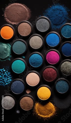 Different colors of crushed eyeshadow on dark background,. Flat lay overhead, AI generative