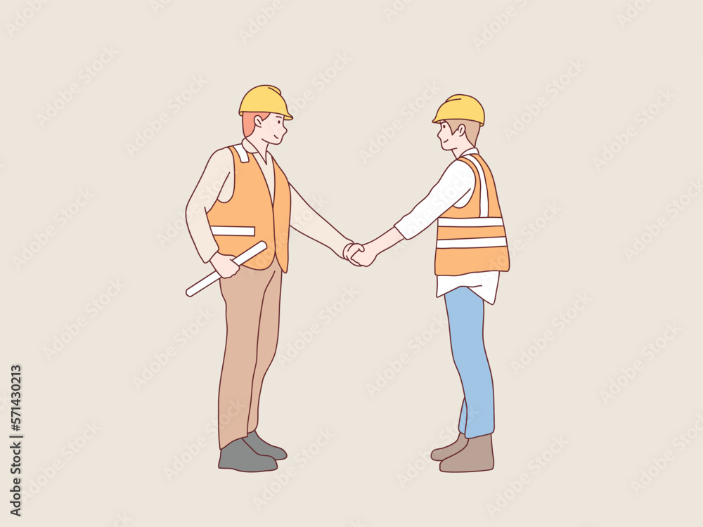 Construction workers teamwork shake hands cooperate simple korean style illustration