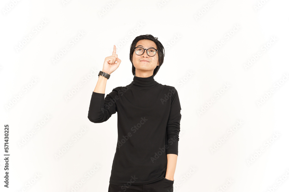 Showing Product and Pointing Up Of Handsome Asian Man Isolated On White Background Showing Product and Pointing Up Of Handsome Asian Man Isolated On White Background