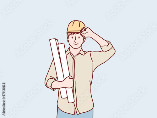 Engineer construction worker wearing safety helmet holding paper plan simple korean style illustration