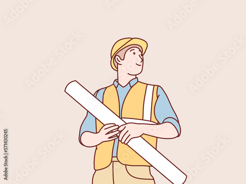Engineer worker wearing safety helmet holding paper plan simple korean style illustration