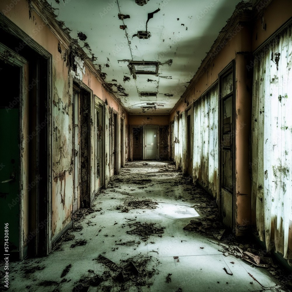 The interiors of an abandoned hospital, in a horror style, with eerie corridors. Generative AI The interiors of an abandoned hospital, in a horror style, with eerie corridors. Generative AI