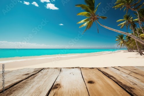 Wooden tabletop against a beach background with a blue ocean and white sand. In Punta Cana, Dominican Republic, coconut palm trees stand out against a clear sky and a gorgeous beach. background wallpa
