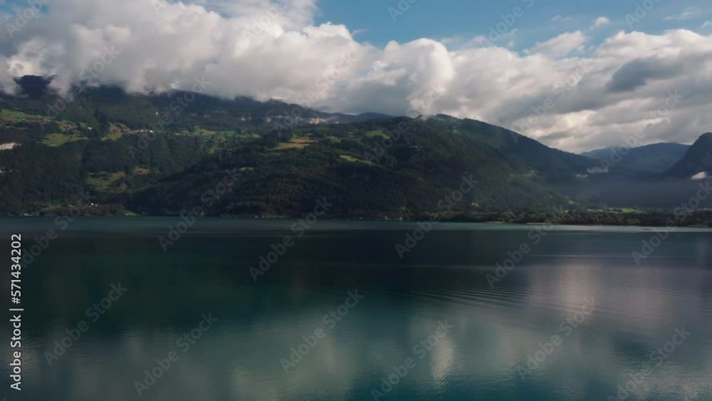 Panoramic view from a drone. Revealing the Thunersee lake in the Kanton of Bern in Switzerand Panoramic view from a drone. Revealing the Thunersee lake in the Kanton of Bern in Switzerand