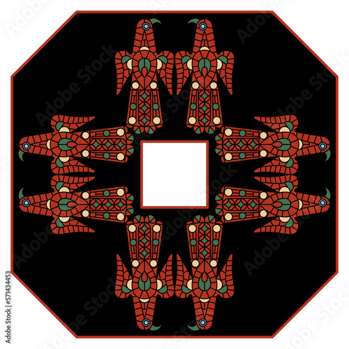 Geometrical square ornament with birds. Medieval Visigoth design from Spain. Polygon shape with stylized red eagles on black background. photo