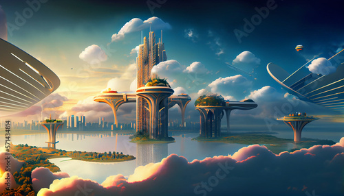 Green ecofriendly city of the future. Futuristic cloud floating city, data transfer, illustration sunrise, ocean, 2 cities connected by a hanging bridge, mountain, magical, landscape - Generative AI #571434814