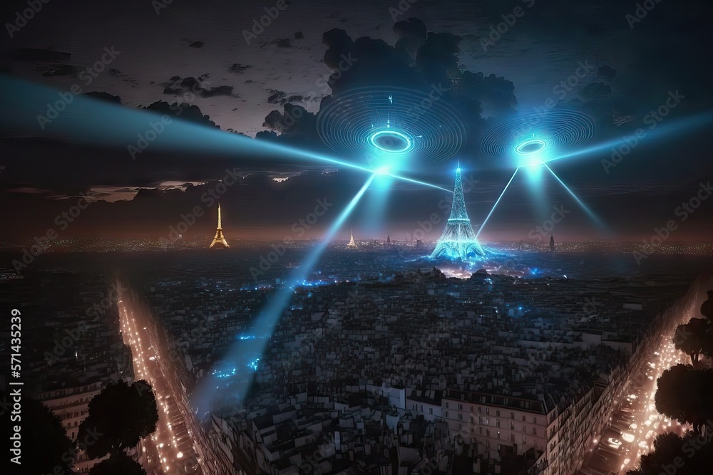 Alien UFO invasion in the main cities, countries, and capitals of the world, with beautiful sky lightnings and colourful atmospheric phenomena, generative ai
