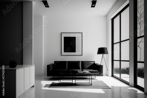 white and black living room with furniture in red details  Generative AI