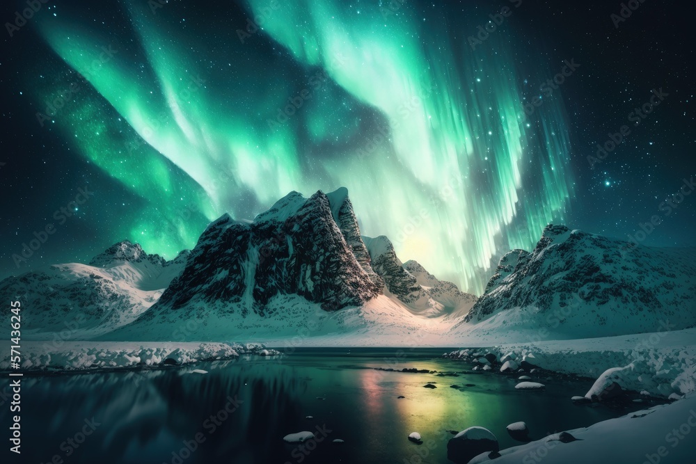 Naklejka premium Northern Lights over snowy mountains. Aurora borealis with starry in the night sky. Fantastic Winter Epic Magical Landscape of snowy Mountains. Generative AI
