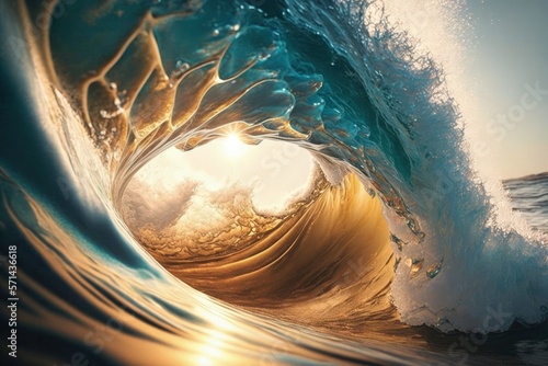 Low angle, close up, and sunny photo of a sea wave. Generative AI © 2rogan