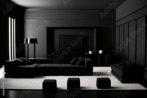 black and white living room with luxury furniture. Generative AI © Fernando