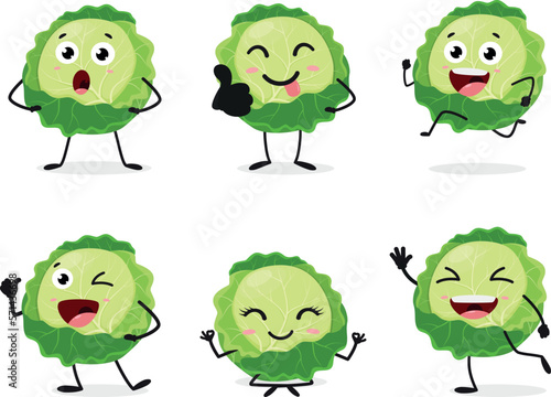Cartoon Cute Cabbage, vegetable character set isolated on white