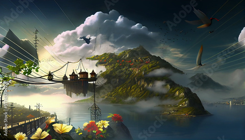 Green ecofriendly city of the future. Futuristic cloud floating city, data transfer, illustration sunrise, ocean, 2 cities connected by a hanging bridge, mountain, magical, landscape - Generative AI #571437042