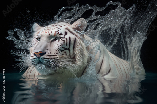 White tiger swims in the water