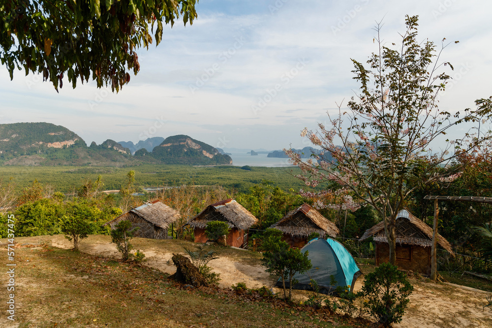 Camping tents and summer houses at Samet Nangshe viewpoint in Phang Nga, Thailand.