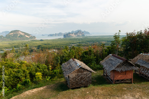 Camping tents and summer houses at Samet Nangshe viewpoint in Phang Nga, Thailand.