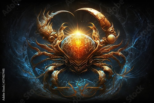 Backdrop of sacred zodiac Cancer symbols, astrology, alchemy, magic, sorcery and fortune telling. generative AI digital painting. Zodiac sign Cancer on the starry sky close up