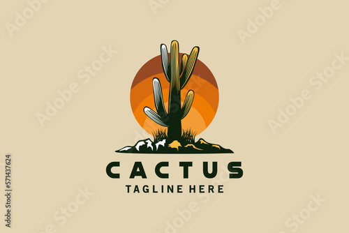 Cactus logo design with creative vintage sun background