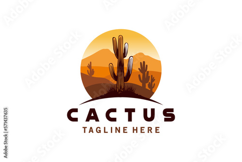 Cactus logo design with desert mountain background