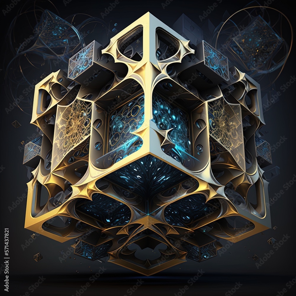 tesseract with fractal design in order and chaos. Abstract multiverse ...