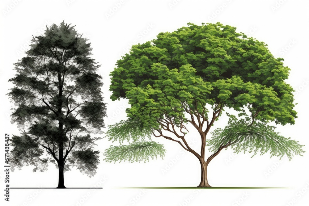 Obraz premium For use in landscape and architectural plan drawings, items for the environment and garden, and tree elevation, a green tree side view is separated on a white background. Generative AI