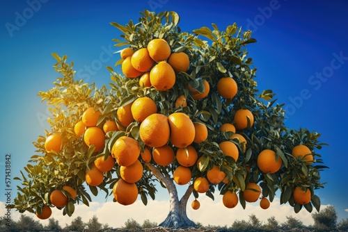 Citrus fruits in bright orange on a Kumquat tree against a clear sky. Generative AI photo