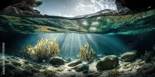 Canvas Print Seascape seen from below natural sunlight shining through the water's surface on a Mediterranean sea floor covered in rocks and seagrass Spain, Costa Brava, Roses, and Catalonia
