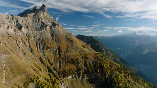 Majestic Dent de Morcles Summit In Autumn With Mont Blanc Massif In the Distance. Canton Of Vaud In Switzerland. Aerial Shot photo