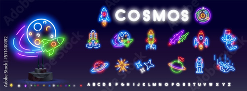 Simple Set of Space Game Related Vector Line Icons. Contains such Icons as up  Ruby  Planet  Coin  Spaceship. Vector colorful set of space neon lamp icons.