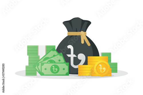 Money bag, banknotes and gold coins with taka sign. Bangladeshi Cash money icon. Flat style vector currency illustration isolated on white background.