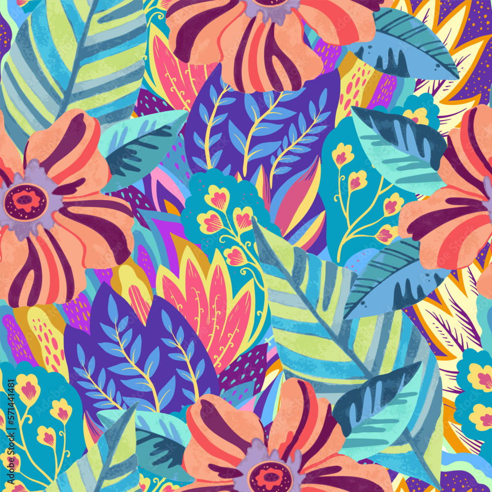 Colorful vivid psychedelic pattern with abstract tropical flowers for fabric, wrapping paper. Vector illustration