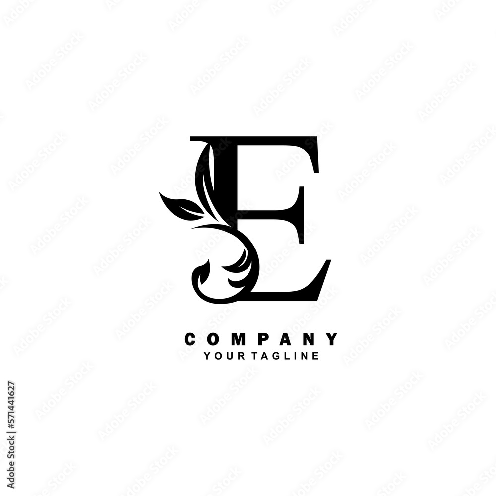 Elegant luxury black E letter logo vector design with leaf and flower ...