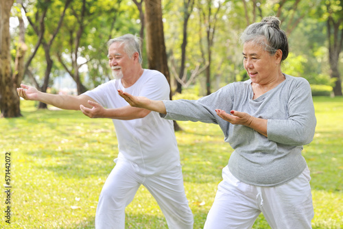Asian senior couple practice yoga excercise  tai chi tranining  stretching and meditation together with relaxation for healthy in park outdoor after retirement. Happy elderly outdoor lifestyle concept